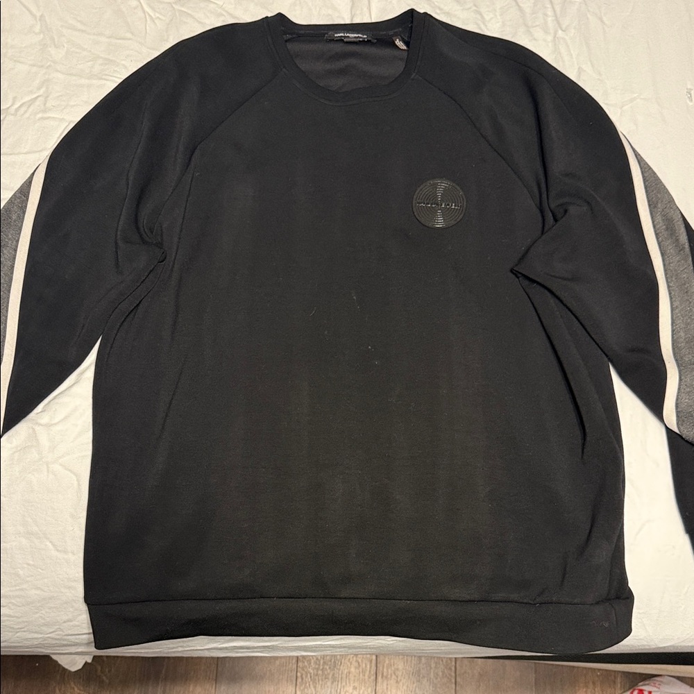 Karl Lagerfeld Black Crewneck Sweater with Gray Stripes